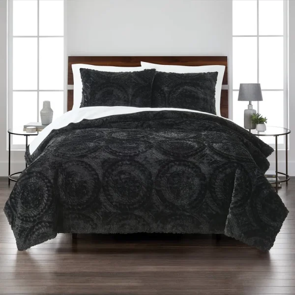 Better Homes & Gardens 3-Piece Black Embroidered Faux Fur Comforter Set, King