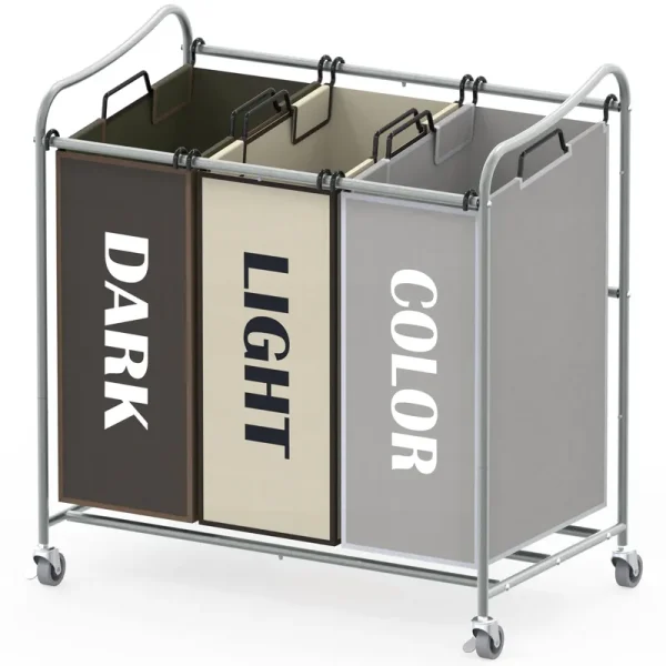 SimpleHouseware Heavy Duty 3-Bag Laundry Sorter Rolling Cart, Silver / Assorted Bags