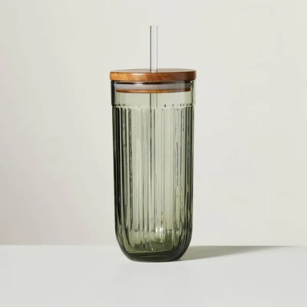 Hearth & Hand Dining | 21oz Fluted Glass Tumbler with Wood Lid Green - Hearth & Hand with Magnolia | Color: Green | Size: Os | Girlmeetskicks's Closet