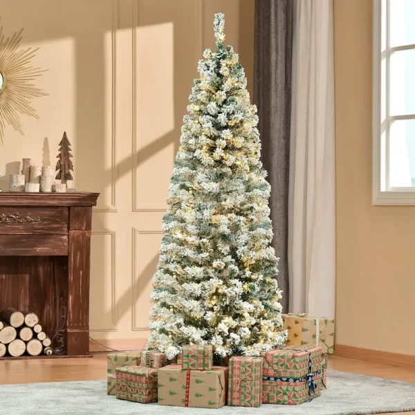 HOMCOM 6ft Prelit Artificial Snow Flocked Christmas Tree with Warm