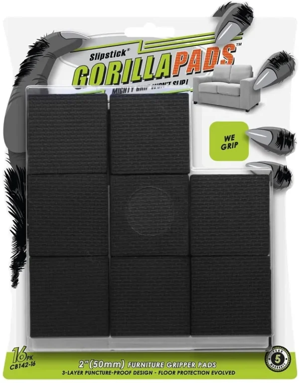 Slipstick Gorilla Pad, 2 in Square Non-Slip Furniture Gripper Pads, Cb142-16, Set of 16