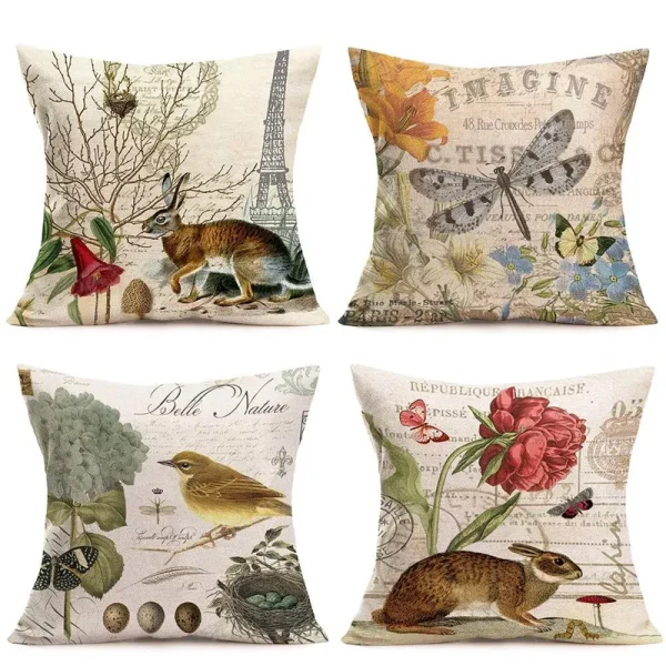 Hopyeer 4Pack Rustic Vintage Animals Throw Pillow Covers Cotton Linen Decorative Cute Rabbits Dragonflies Robin Birds Butterfly Classical Pairs