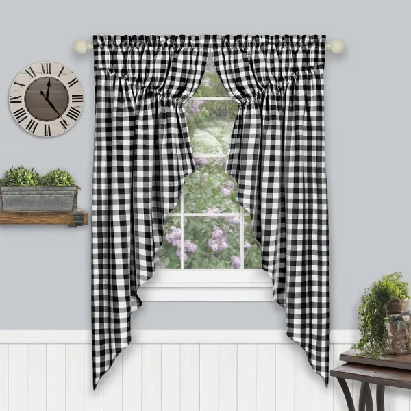 Buffalo Check Gathered Swag Window Curtain Pair, 72x63 Inches - Black