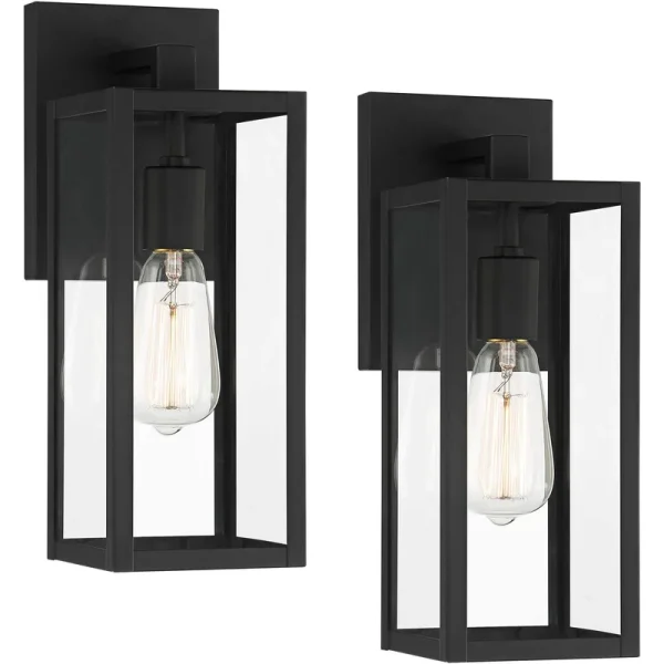 John Timberland Titan Modern Industrial Outdoor Wall Lights Fixtures Set of 2 Mystic Black Metal Damp Rated 14" Clear Glass Exterior House Porch