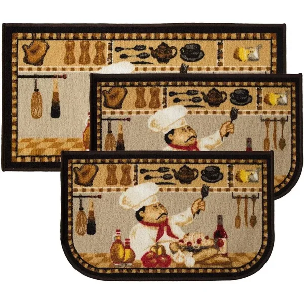 Kashi Home Wine Chef 3PC Kitchen Rug Set, (2) Slice 18 inchx30 inch Rugs, (1) 20 inchx40 inch Mat, Non-slid Latex Back, Size: 3 PC Set