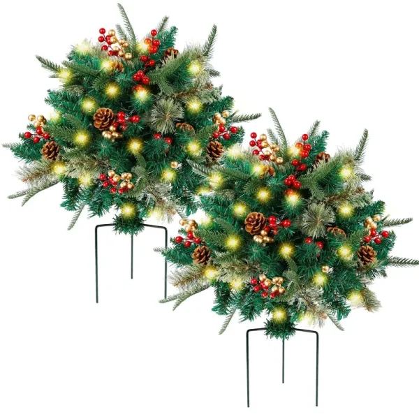 Glintoper Lighted Artificial Christmas Urn Filler, Pre-Lit Xmas Pine Trees with Cones, Golden & Red Berries, Tripod Stake and 60