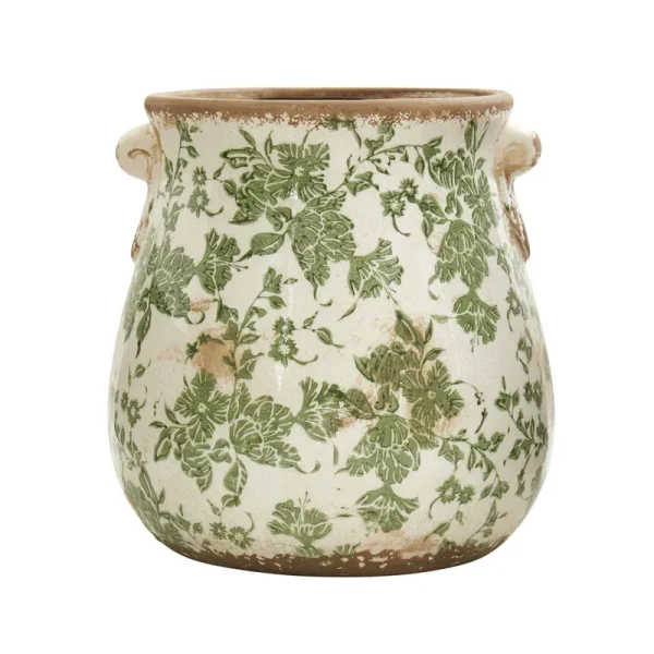 Nearly Natural 10 inch Tuscan Ceramic Green Scroll Planter