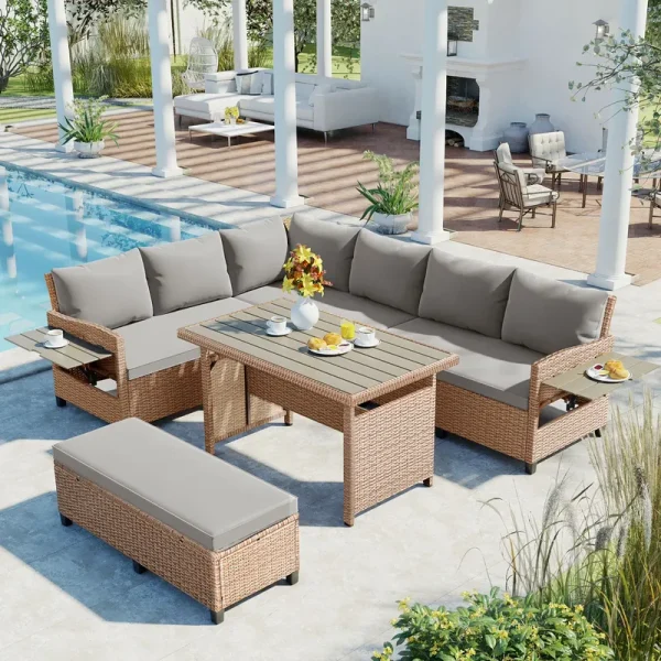 Harper & Bright Designs Outdoor Rattan Sectional Sofa Set with Dining Table, Patio L - Shaped Wicker Conversation Set with 2 Extendable Side Tables, Brown