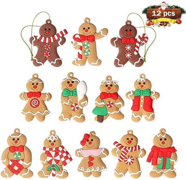 kockuu 12pcs Gingerbread Man Ornaments for Christmas Tree - Assorted Plastic Gingerbread Figurines Ornaments for Christmas Tree Hanging Decorations 3"