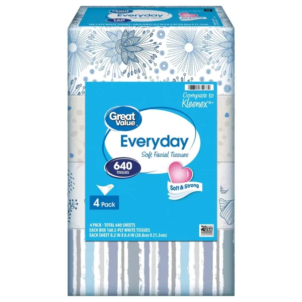 Great Value Everyday Soft Facial Tissues, 160 Count, 4 Pack
