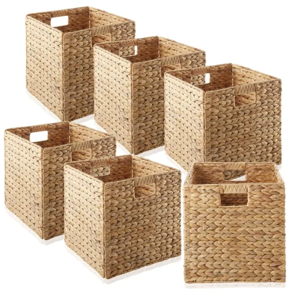 Casafield 12" x 12" Water Hyacinth Storage Baskets, Natural - Set of 6 Collapsible Cube Organizers, Woven Bins for Bathroom, Bedroom, Laundry,