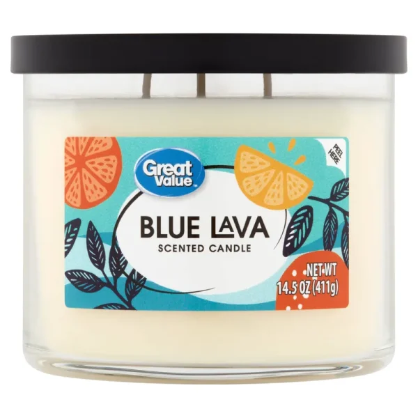 Great Value Scented Candle, 3 Wick, Blue Lava, 14 oz, White