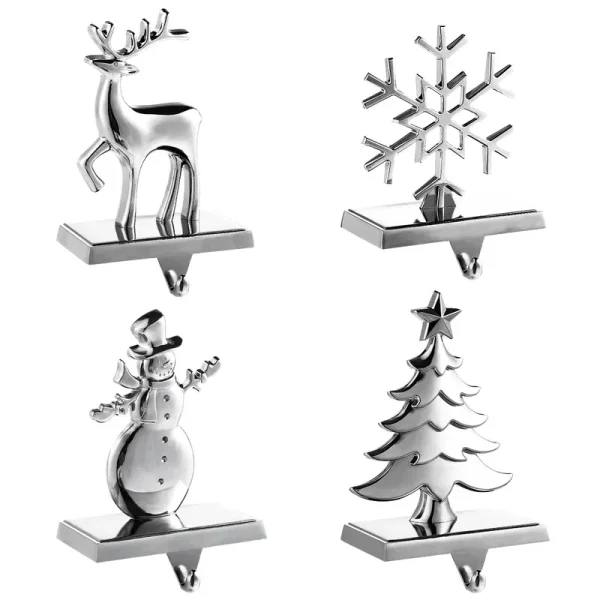 INCIKITI Christmas Stocking Holder for Mantel, Set of 4 Silver Snowflake, Reindeer, Tree and Snowman Stocking Holders, Metal Christmas Stocking Hangers for