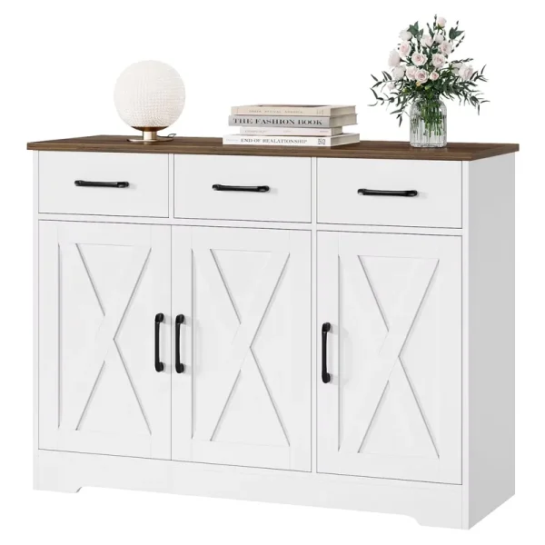 Homfa 42.5'' Kitchen Buffet Sideboard Cabinet, 3 Drawers Farmhouse Coffee Bar Storage Cabinet with Adjustable Shelf, White