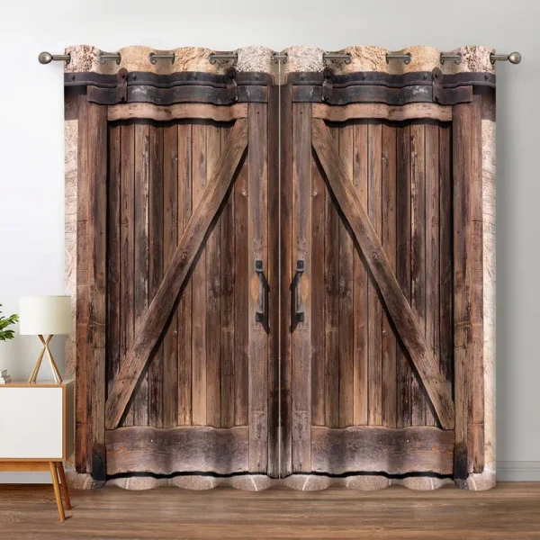Jekeno Rustic Wood Blackout Curtains Vintage Wooden Barn Door Farmhouse Home Bedroom Living Room Decor Brown Grommet Window Drapes 2 Panel Set, 52