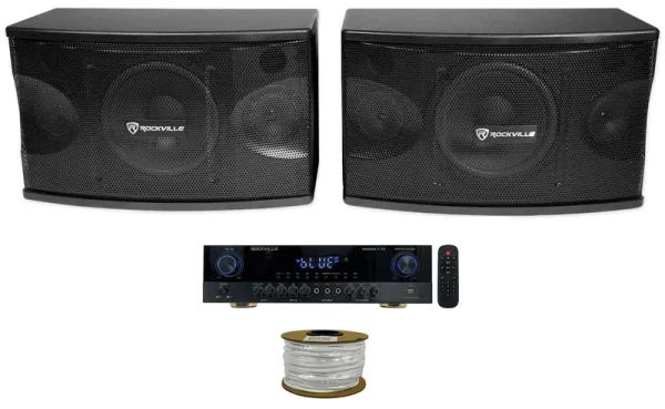 2) Rockville KPS80 8" Karaoke Vocal Speakers+Singmix 5 Bluetooth Amplifier Mixer + Rockville R14GSBR100 Red/Blk 14 Gauge 100' Ft. Mini Spool Car Audio Speaker Wire