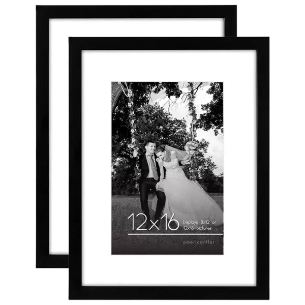 Americanflat 12x16 Picture Frame in Black - Displays 8x12 with Mat or 12x16 Without Mat - Composite Wood with Shatter Resistant Glass - Horizontal