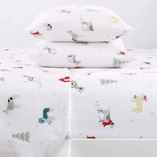 FRESHFOLDS 4-Piece White 100% Turkish Cotton Flannel King Winter Sheet Set, Pups in The Snow