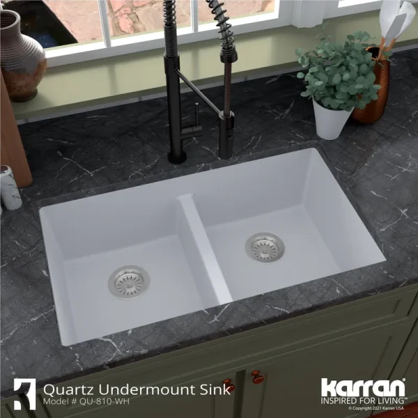 Karran QU-810 32" Undermount Double Equal Bowl Quartz Kitchen Sink in White