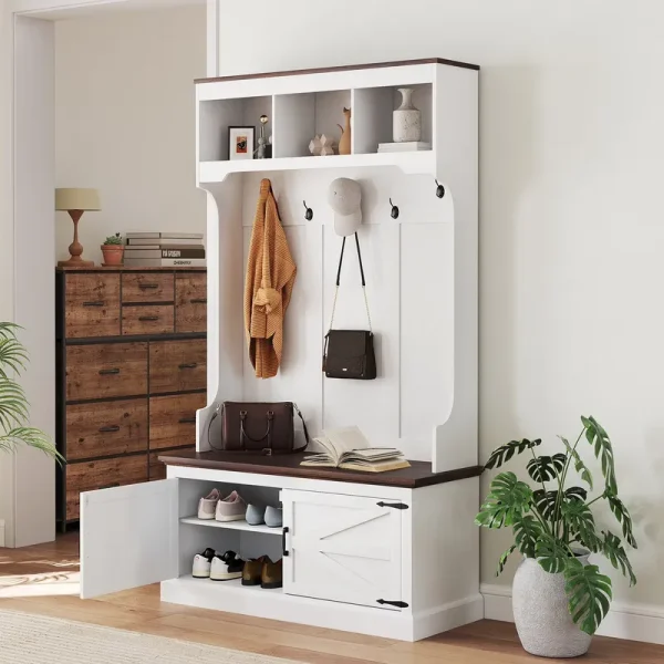 HOMCOM 3 - in - 1 Hall Tree with Shoe Storage, Standing Coat Rack with Shoe Bench, Entryway Furniture with Five Hooks, White Wood Grain