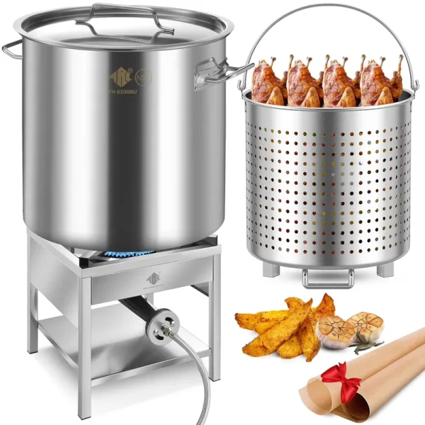 100QT Stainless Steel Seafood Boil Pot with 200, 000BTU Propane Burner, W/Basket for Outdoor Deep Fryer, Large Cooking Pot for Turkey Fryer, Crab, Crawfish, Shrimp, Lobster Boiling Stock Pot