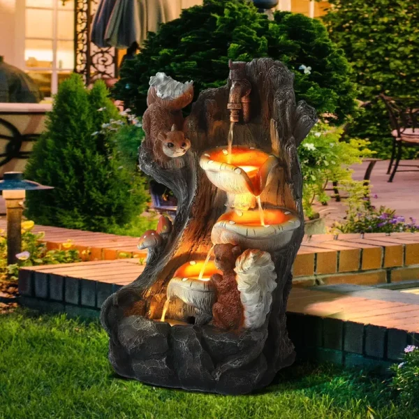 Magic Union Outdoor Water Fountain, Garden Decor Outside Indoor Waterfall Cascading Rock Fountain with Retro Decorative Faucet, Patio Resin Fountains for Yard, Deck, Porch and Home, Imitation Stump