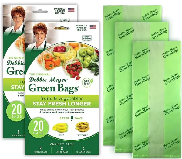 Debbie Meyer GreenBags 40-Pack (16M, 16L, 8XL) Keeps Fruits, Vegetables, and Cut Flowers, Fresh Longer, Reusable, BPA Free, Made in USA, Adult Unisex
