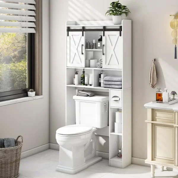 Over the Toilet Storage Cabinet, Farmhouse Storage Cabinet Over Toilet with Sliding Doorshome Space - Saving Toilet Rack, for Bathroom, Restroom, Laundry