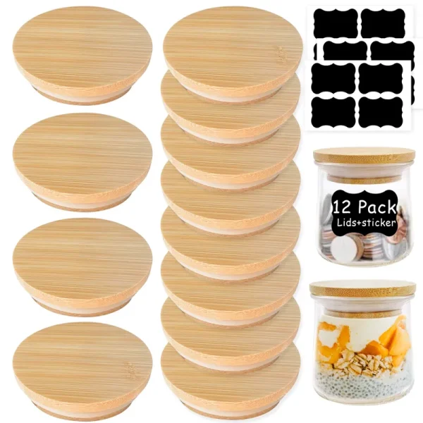 Oui Yogurt Jar Lids-12 Pack Oui Lids-Natural Bamboo Wood with Silicone Sealing Rings and Oui Yogurt Bottle Label,for 5 oz Oui Yogurt Jars...