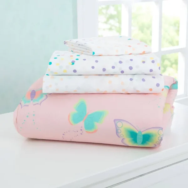 Delta Children Toddler Bedding Set Girls 4 Piece Collection Fitted Sheet, Flat Top Sheet wElastic Bottom, Fitted Comforter wElas