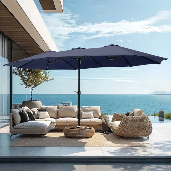 Phi Villa 15ft Patio Umbrella Double-Sided Outdoor Market Extra Large Umbrella with Crank Umbrella Base Included (Blue)