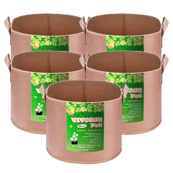 VIVOSUN 5-Pack 10 Gallons Grow Bags Heavy Duty Thickened Nonwoven Fabric Pots with Strap Handles Tan