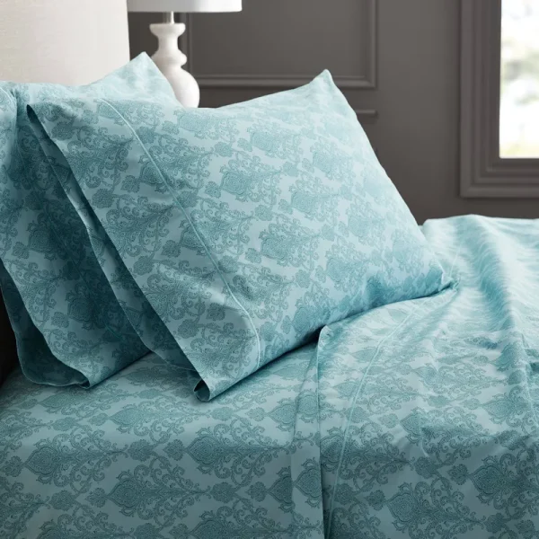 Hotel Style 600 Thread Count 100% Luxury Cotton Sheet Set, Full, Teal Paisley Printed, Green