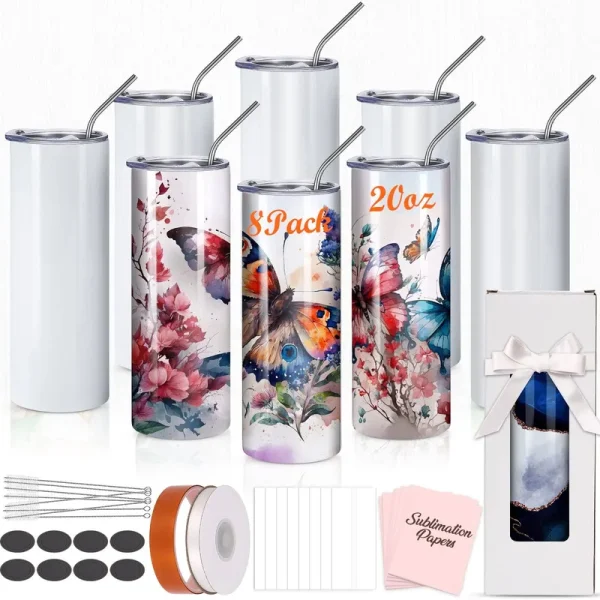Sublimation Tumblers Bulk 20 oz Skinny,Stainless Steel Double Wall Insulated Sublimation Tumbler Cups,Sublimation Blanks Tumbler with Lid,Straw