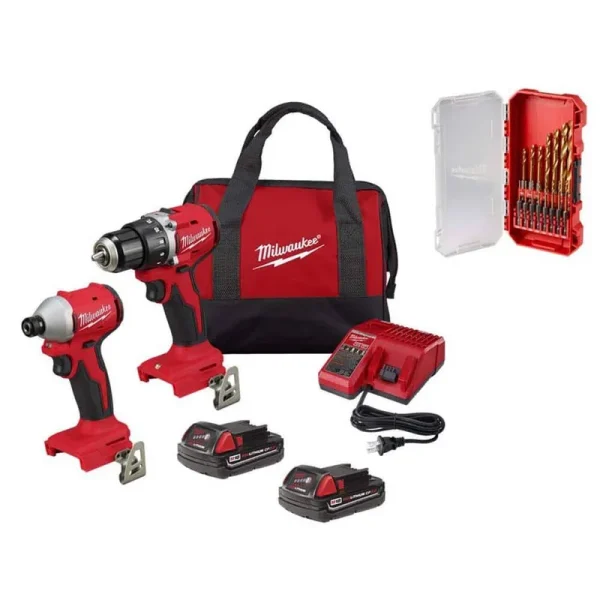 Milwaukee M18 18V Lithium-Ion Brushless Cordless Compact Drill/Impact Combo Kit with Shockwave Titanium Drill Bit Set