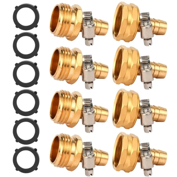 Sanpaint,Brass Garden Hose Connector Repair Mender Kit with Stainless Clamp,Fits 1/2" Water Hose Fitting,4 Sets(1/2" Barb x 3/4" GHT)