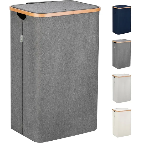Lonbet - Grey Laundry Hamper with Lid - XL 100 L - Large Hampers for Laundry with Handles - Laundry Baskets with Lid for Bedrooms - Bamboo Bathroom