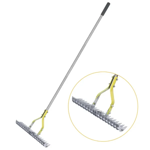 BARAYSTUS Thatch Rake, 15-inch Wide Lawn Thatching Rake for Cleaning Dead Grass, Efficient Steel Metal Lawn Grass Rake with Stainless Steel Handle,