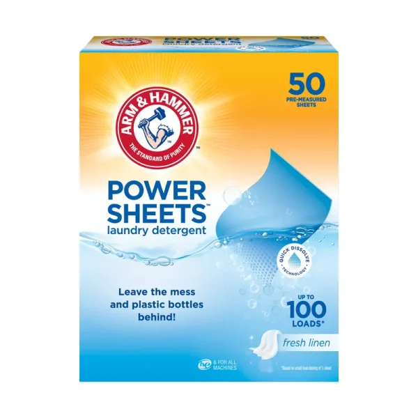 Arm & Hammer Power Sheets Laundry Detergent, Fresh Linen 50ct, Up to 100 Small Loads