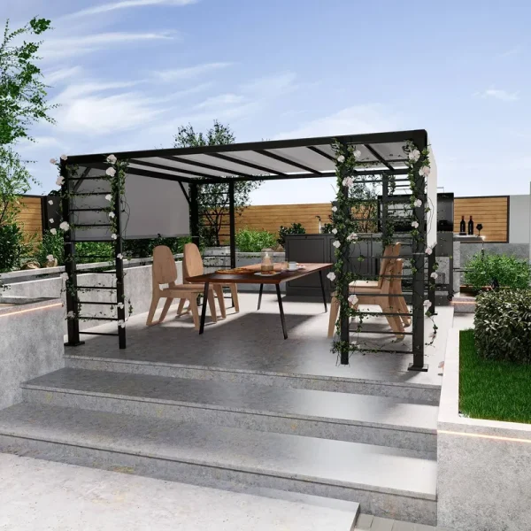 10 ft. x 12 ft. Aluminum Outdoor Pergola with Gray Retractable Shade - Grey