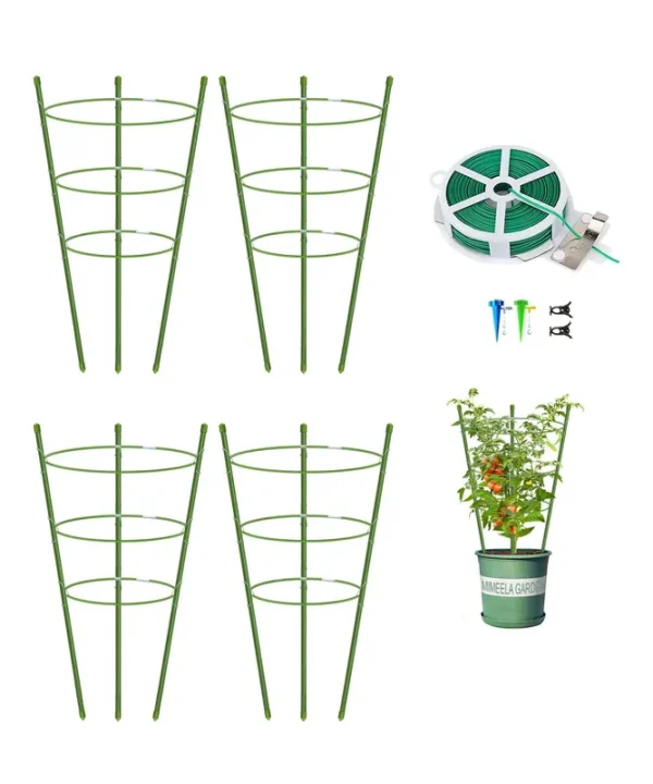 Mimeela 4 Pack Garden Plant Support Tomato Cage, Upgrade 18" Trellis for Climbing Plants, Plant Trellis Kits with 4 Self Watering Spikes and Plant Clips (18