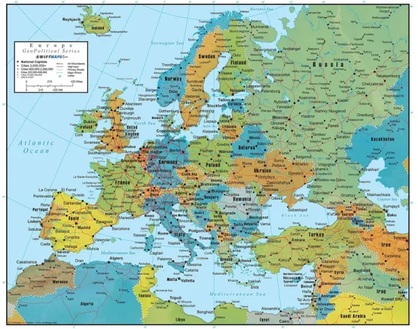 Swiftmaps Europe Wall Map Geopolitical Edition (18x22 Laminated)