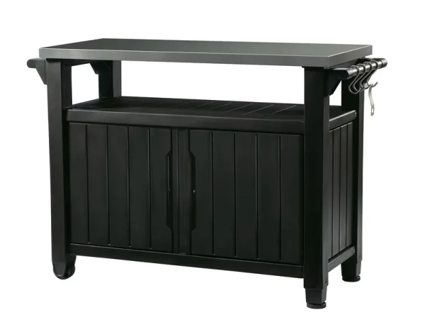Unity XL Resin Serving Station. All-Weather Plastic and Metal Grill. Storage and Prep Table. Graphite