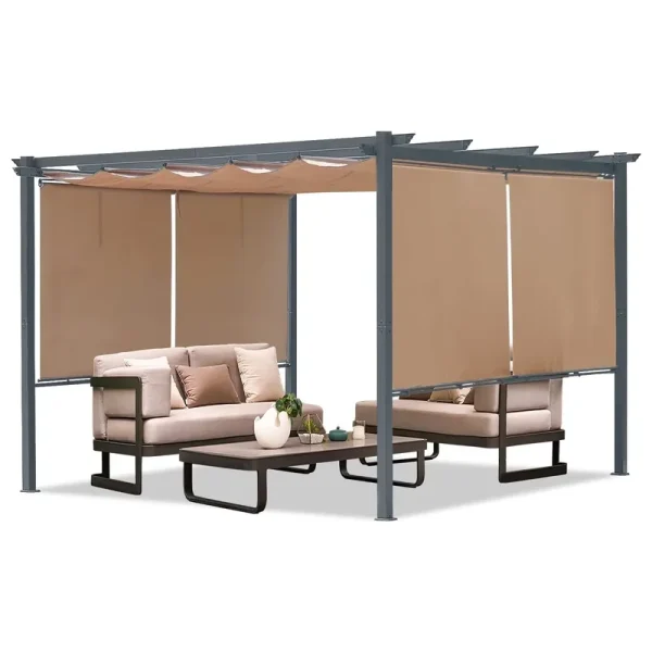 Aoodor 12 x 12 Ft. Outdoor Pergola with Retractable Shade Canopy, Dark Gray Matte Aluminum Frame, 4 Pieces Roller Shade Curtain, Grape Trellis Pergola for Patio Backyard and Deck - Brown