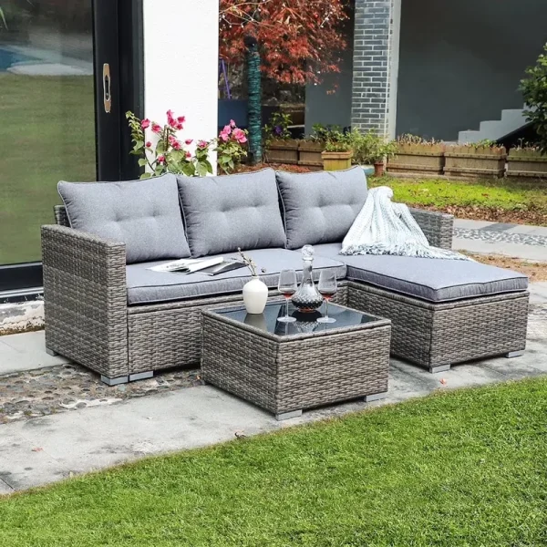 JOIVI 3 Pieces Patio Conversation Set, PE Wicker Rattan Outdoor Furniture Set, 2 Ways Small Sectional Sofa, Tempered Glass Coffee Table, Silver - Gray