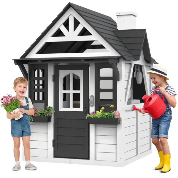 COCLUB Outdoor Playhouse for Kids Ages 4 - 8, Wooden Play House with Doorbell, Phone, Kitchen Toys, Outdoor Kids Play Equipment, Casa Para Ni?as (45 L x 65H), White & Black
