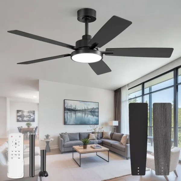 Zardon 52 in Black Ceiling Fan with LED Light and Remote, Downrod 6 - Speed and Quiet Reversible DC Motor for Bedroom, Living Room, Indoor
