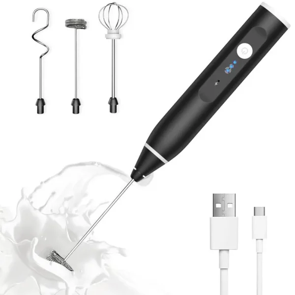 Laposso Milk Frother Rechargeable Handheld Electric Whisk Coffee Frother Mixer with 3 Stainless Whisks 3 Speed Adjustable Foam Maker Blender for