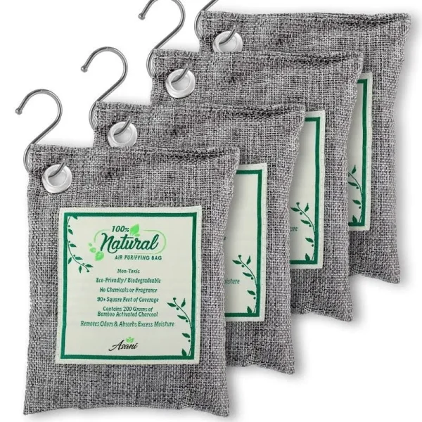 Air Purifier Bags with Bamboo Activated Charcoal Purifying Pack of 4 Natural Air Freshener Deodorizer Moisture Absorber and Odor Eliminators for