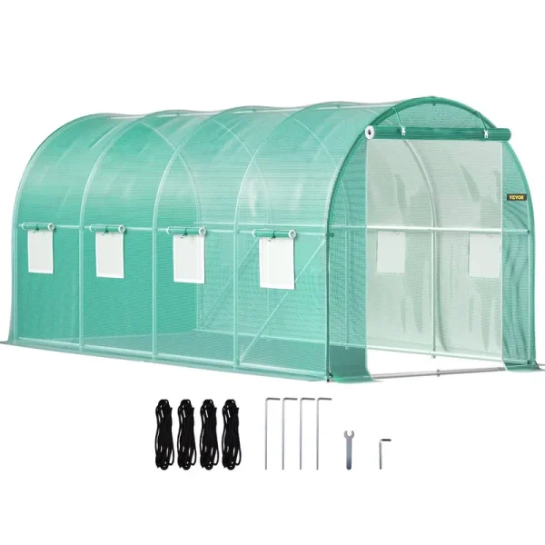 VEVOR Walk-In Tunnel Greenhouse 15 x 7 x 7 ft Portable Plant Hot House w/ Galvanized Steel Hoops 1 Top Beam Diagonal Poles Zippered Door & 8 Roll-Up